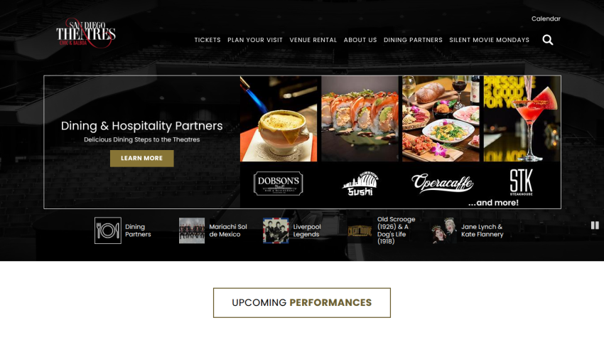 San Diego Theatres website with navigation and dining partners section featuring food images and logos