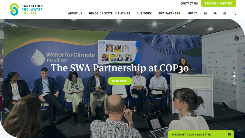 The SWA Partnership at COP30 event with panelists seated and a speaker at the Water for Climate Pavilion