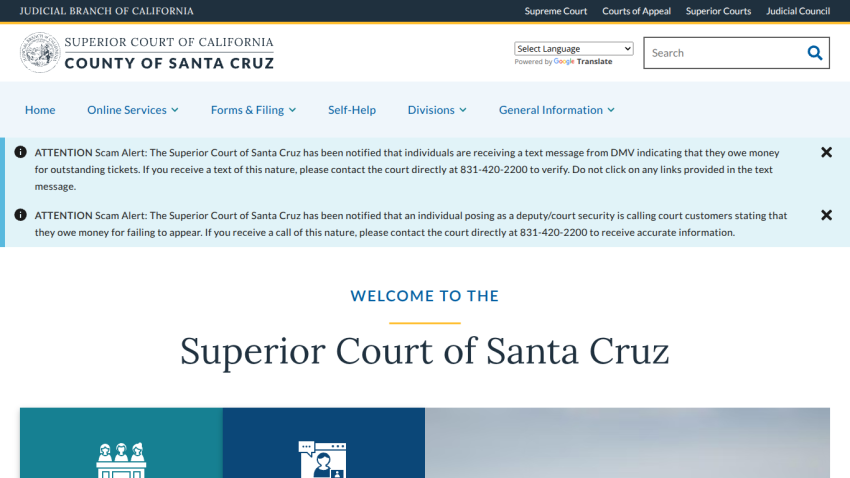 Superior Court of Santa Cruz homepage with navigation, scam alerts, and welcome message