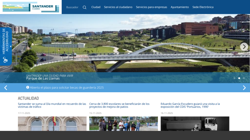 Santander city website with navigation menu and hero image of Parque de Las Llamas bridge and park