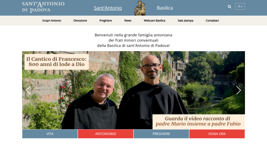 Homepage of Basilica di Sant'Antonio di Padova with navigation menu and featured video about Cantico di Francesco's 800 years