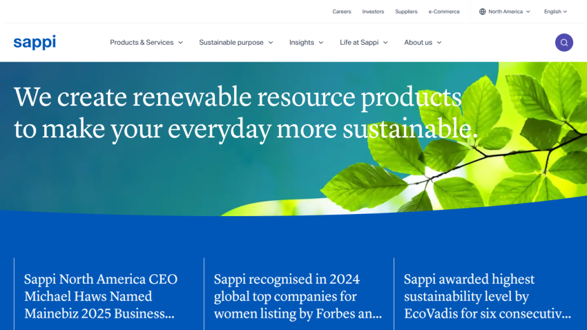 Homepage of Sappi showcasing their commitment to sustainability with a tagline and recent news highlights.