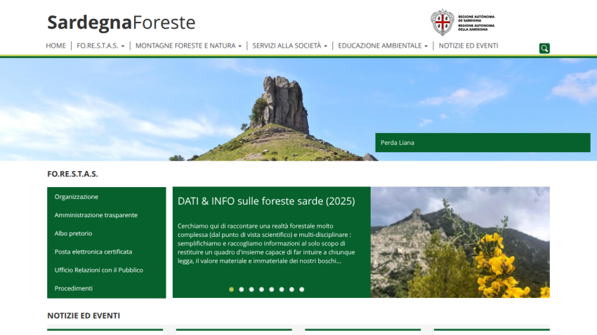SardegnaForeste website with navigation menu, hero image of a peony flower, and info on Sardinian forests for 2025