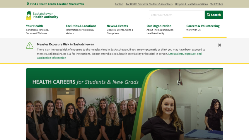 Saskatchewan Health Authority homepage with navigation links and a hero section promoting health careers for students and new grads