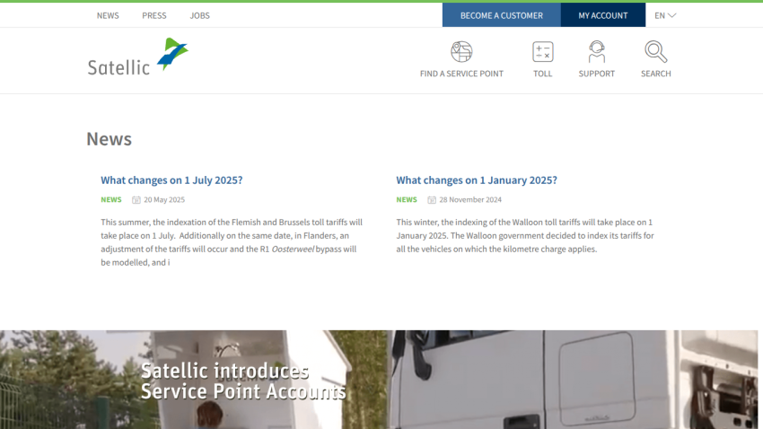Satellic website with news on toll tariff changes and introduction of Service Point Accounts