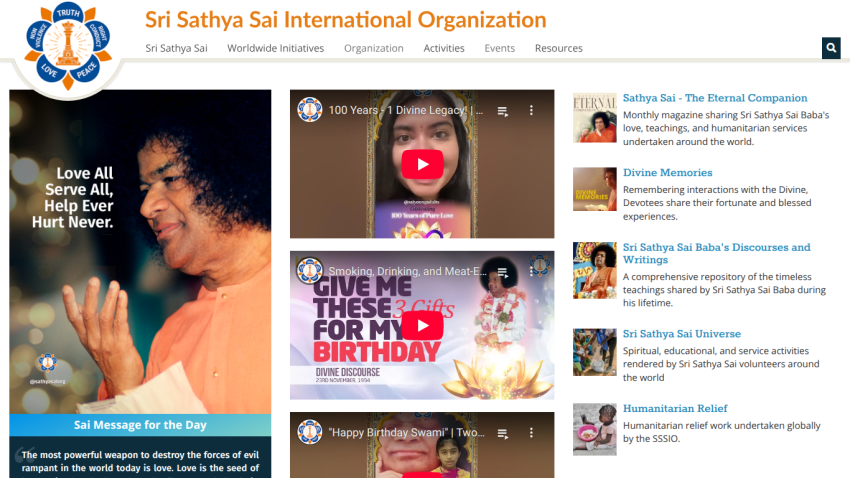 Sri Sathya Sai International Organization homepage with a message for the day, videos, and links to spiritual resources and activities
