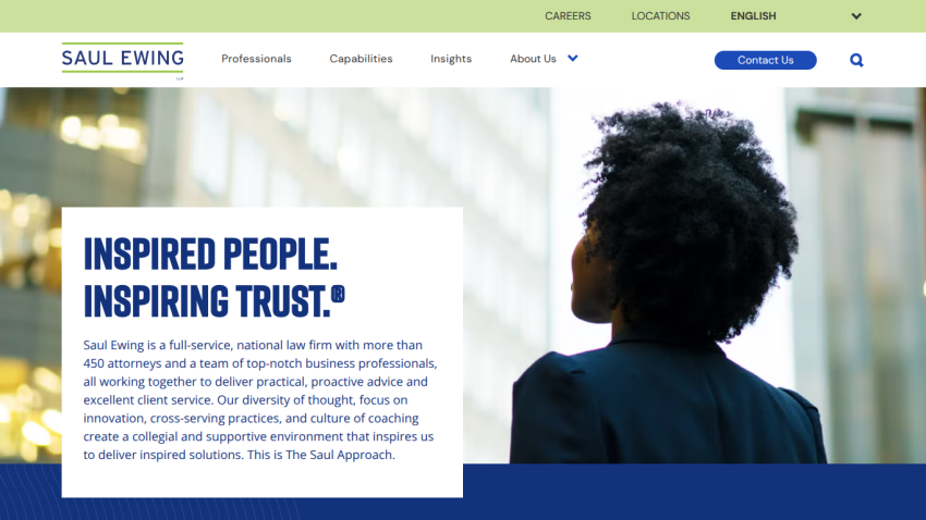 Saul Ewing law firm homepage with tagline Inspired People. Inspiring Trust. and description of their services