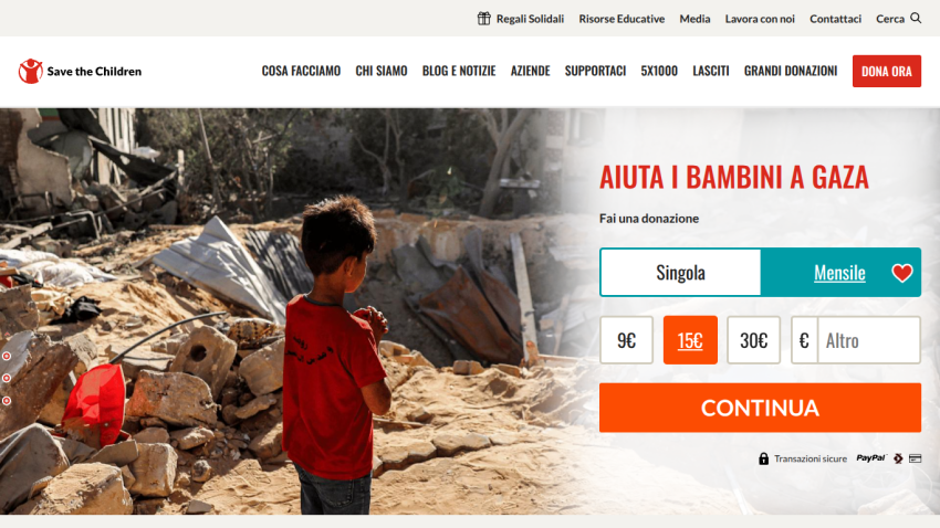 Donation page for children in Gaza with options for contribution amounts and a call to action.
