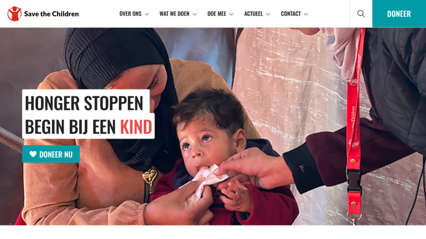 Save the Children website with a call to stop hunger starting with a child and a donate button