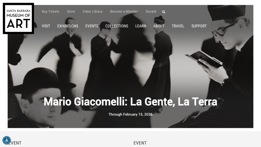 Santa Barbara Museum of Art homepage featuring Mario Giacomelli exhibition through February 15, 2026