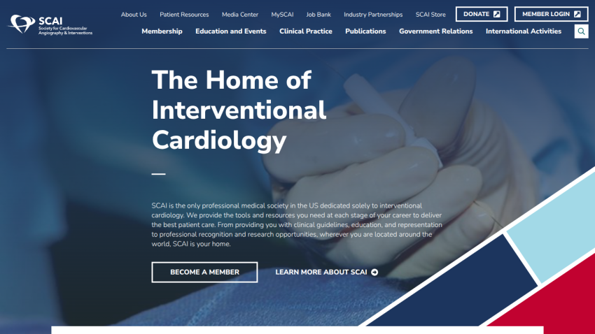 SCAI homepage with navigation and headline about interventional cardiology, plus membership and info buttons