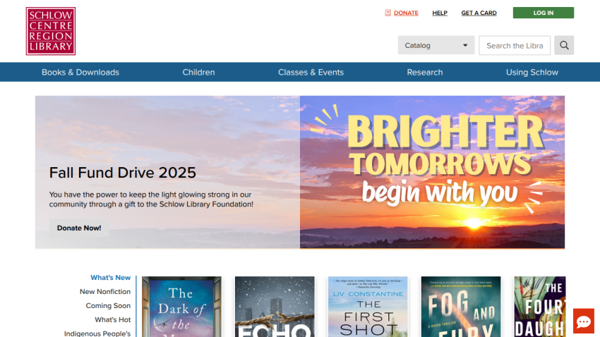 Schlow Centre Region Library homepage with Fall Fund Drive 2025 banner and navigation menu