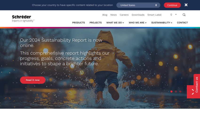 Schroder investment website hero with 2024 Sustainability Report announcement and call to action button