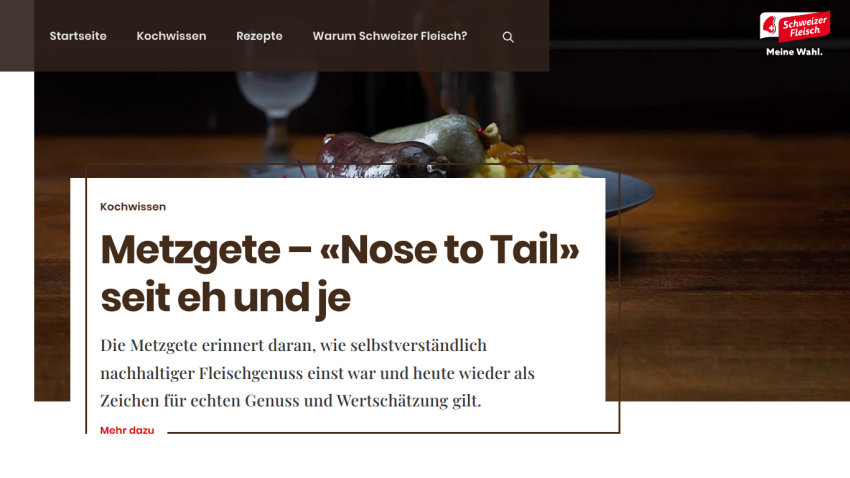 Article about Metzgete and sustainable meat enjoyment with navigation menu and Schweizer Fleisch logo