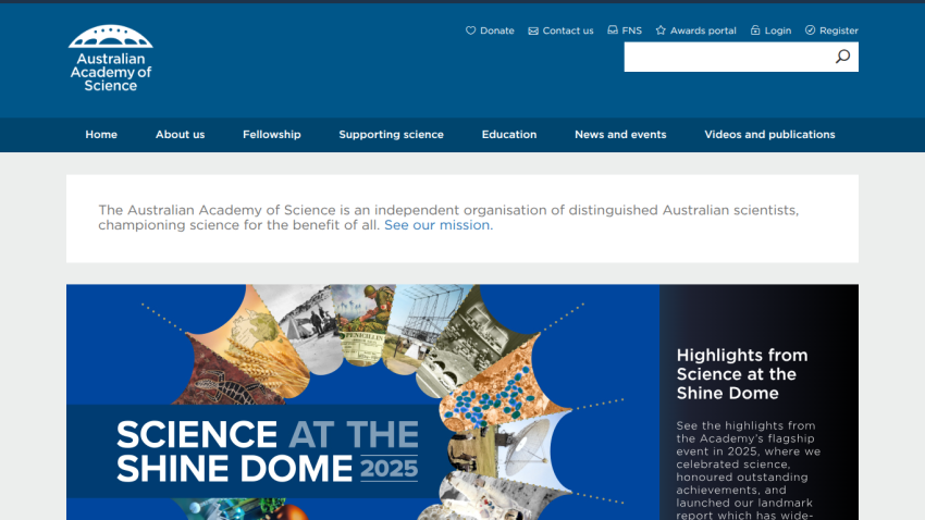 Homepage of the Australian Academy of Science featuring the Shine Dome event announcement.