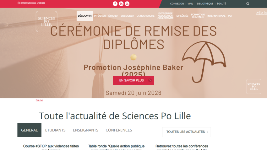 Sciences Po Lille homepage featuring diploma ceremony announcement for Promotion Joséphine Baker on June 20, 2026