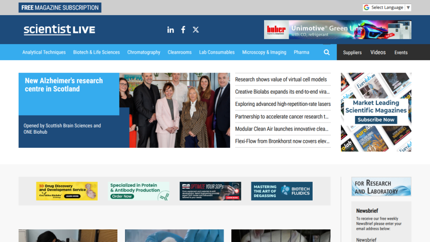 Scientist Live homepage featuring new Alzheimer's research centre in Scotland and latest scientific news headlines