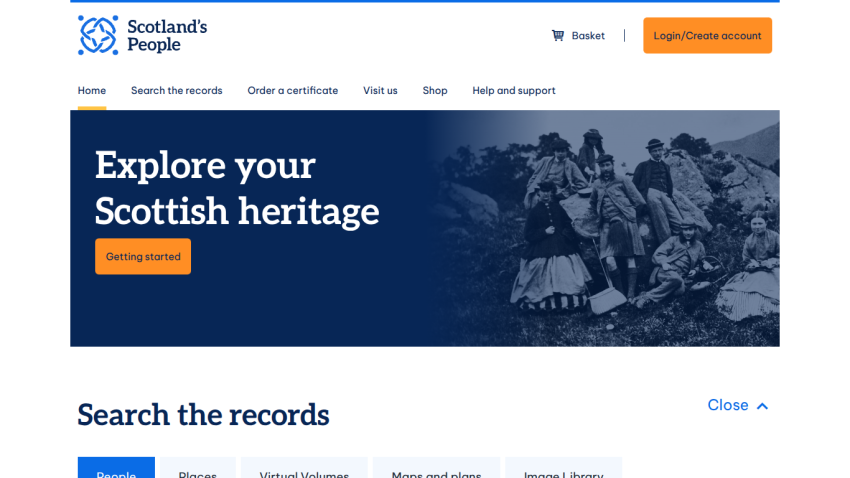 Homepage featuring Scottish heritage exploration with a call to action button.