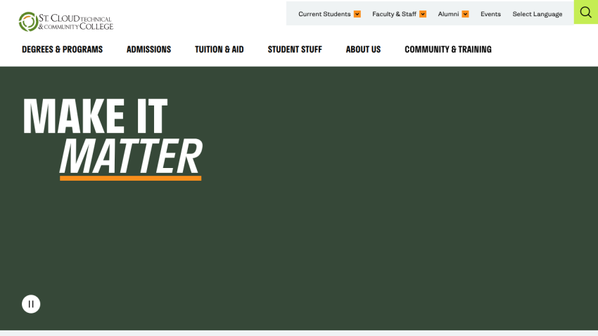 St. Cloud Technical & Community College homepage with navigation menu and 'Make It Matter' hero message