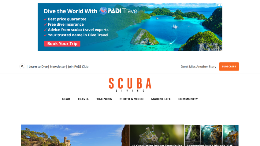 Scuba diving website featuring travel deals and navigation options.