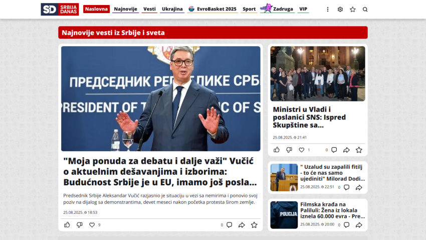 News website featuring a speech by a political figure with headlines and articles.