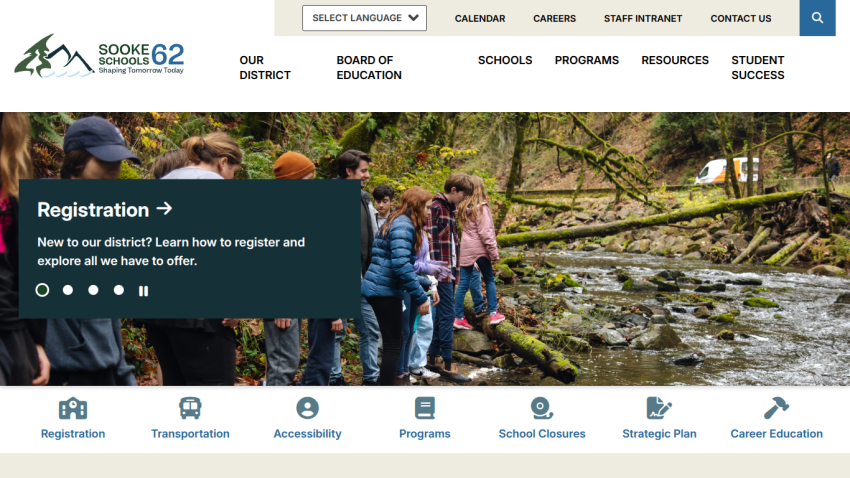 Sooke Schools district website with navigation menu and registration information over a nature background