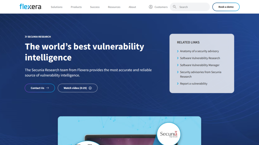 Homepage showcasing vulnerability intelligence services with key features listed.