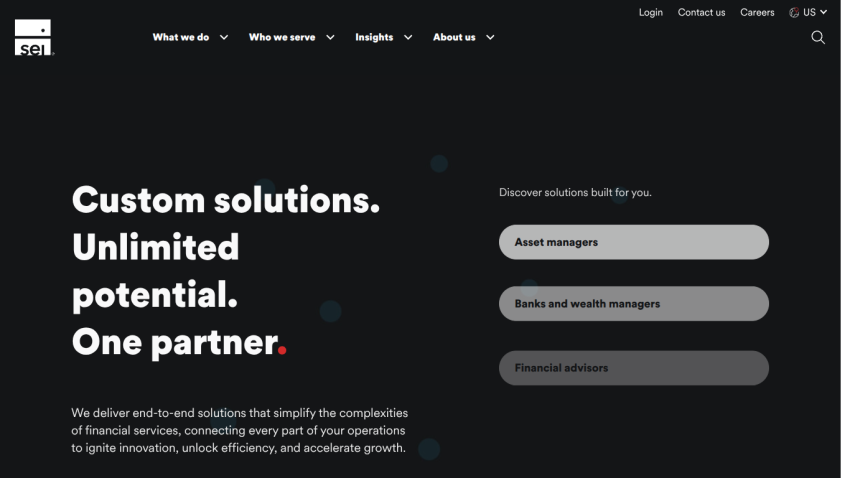 Homepage featuring custom solutions with options for asset managers, banks, and financial advisors.