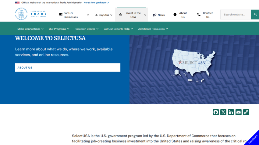 SelectUSA welcome page with navigation menu and map of the United States highlighting investment opportunities