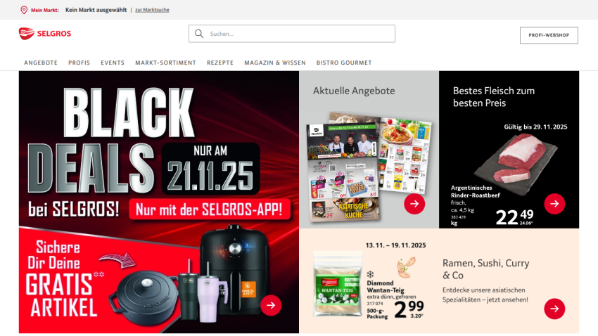 Selgros website showing Black Deals on 21.11.25 with free item offer, current promotions, and meat prices