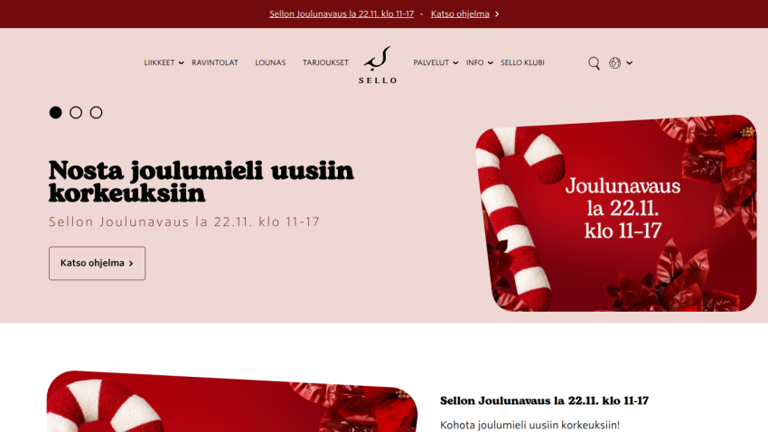 Sello website promoting Christmas opening event on November 22 from 11 to 17 with navigation menu and festive visuals.