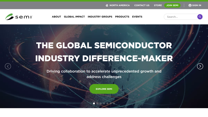Homepage of SEMI showcasing the semiconductor industry with a call to action button.