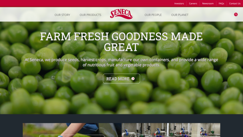 Seneca website with navigation and hero section promoting farm fresh seeds, crops, and vegetable products
