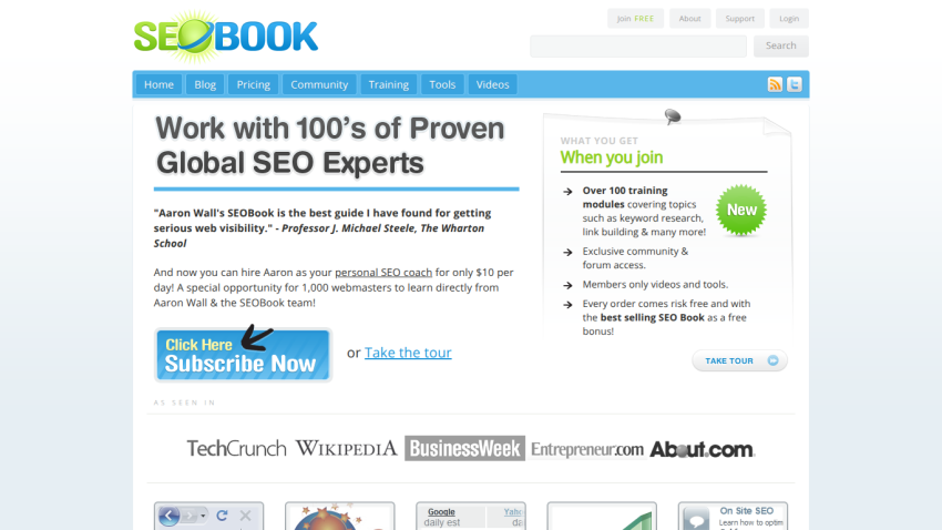SEOBook homepage featuring a call to action for subscription and links to services.