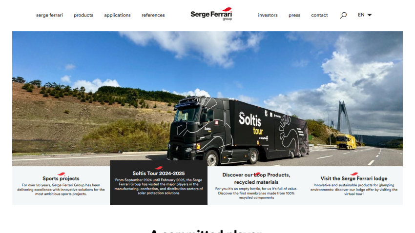 Serge Ferrari Group homepage with navigation, large truck image, and info on sports projects, Soltis Tour, recycled materials, and lodge