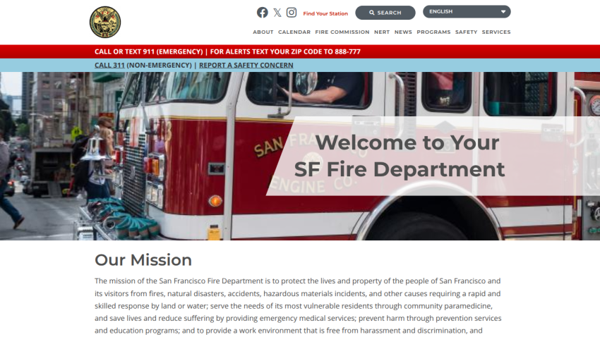 San Francisco Fire Department homepage with emergency contact info, navigation menu, and mission statement