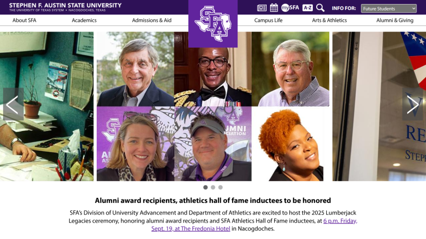 Homepage of Stephen F. Austin State University featuring alumni award recipients and event announcements.