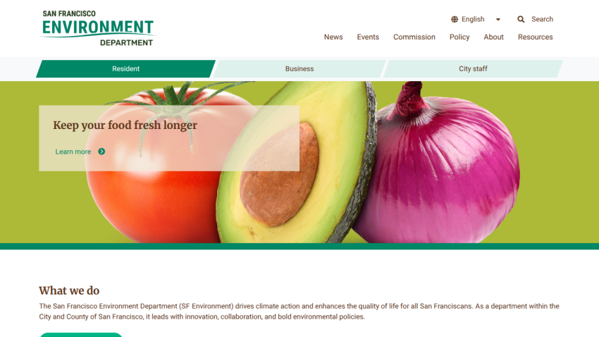 San Francisco Environment Department homepage with navigation, search, and hero banner promoting food freshness