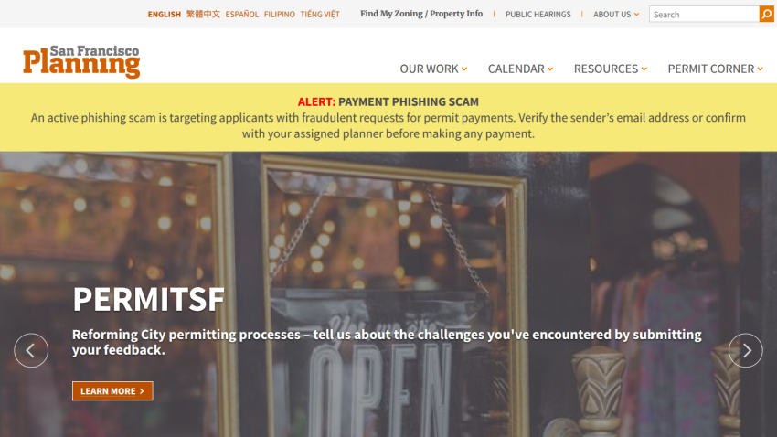 San Francisco Planning website with alert about payment phishing scam and info on reforming city permitting processes