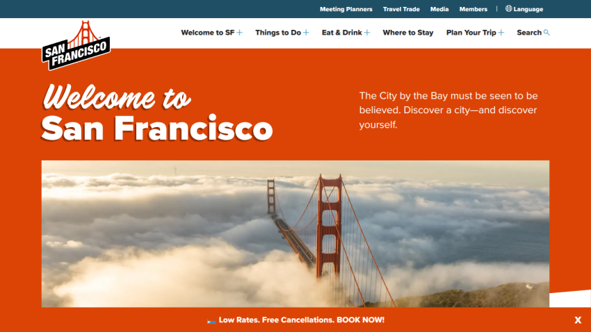 Welcome message for San Francisco with a view of the Golden Gate Bridge.