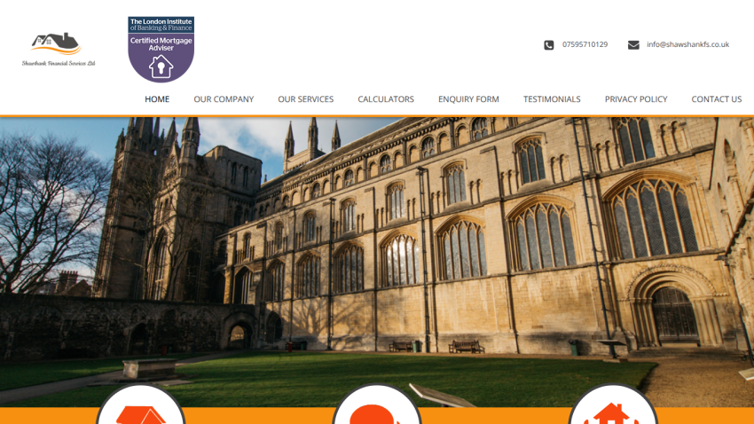 Shawshank Financial Services Ltd homepage with navigation and a large historic building background