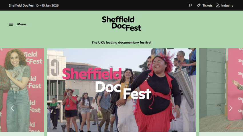 Sheffield DocFest homepage with festival dates, logo, and a lively crowd in the hero section