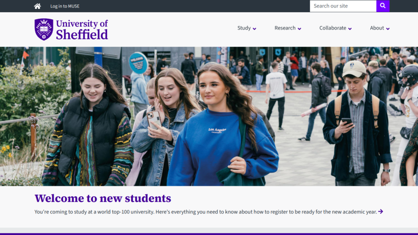 University of Sheffield homepage welcoming new students with a vibrant campus scene.