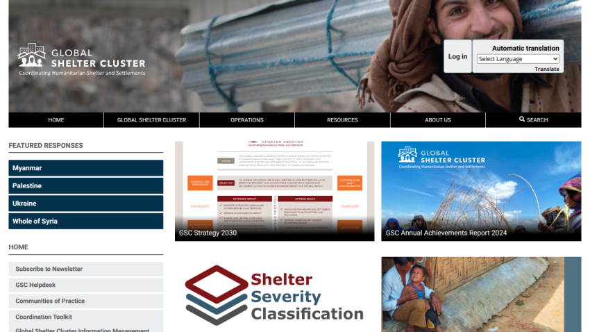Global Shelter Cluster homepage with navigation, featured responses, reports, and shelter severity classification info