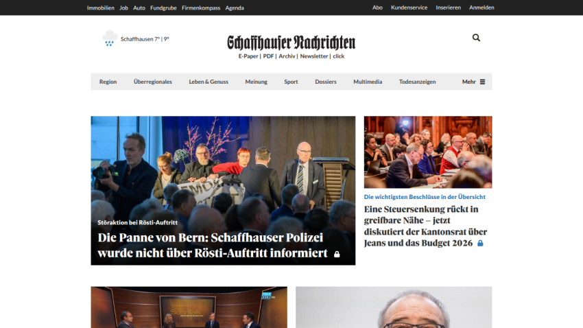 Schaffhauser Nachrichten homepage showing weather, navigation menu, and main news headlines about police and budget discussions