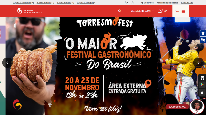Shopping Nova Iguaçu website promoting TorresmoFest, Brazil's largest gastronomic festival from Nov 20-23 with free outdoor entry