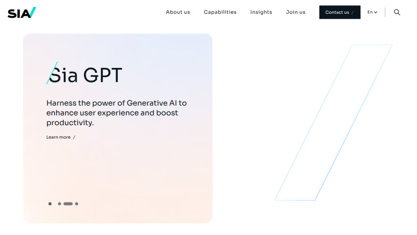 Sia GPT product page highlighting generative AI to enhance user experience and productivity with navigation links
