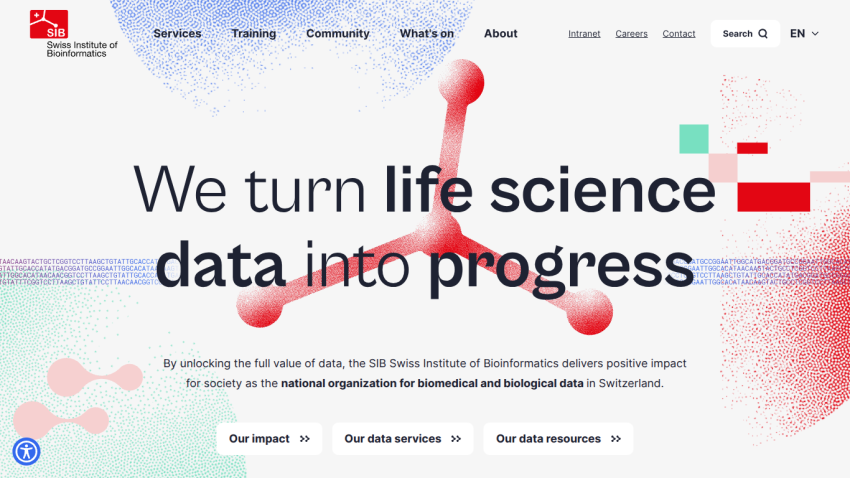 Homepage of a bioinformatics institute highlighting life science data progress with navigation links and search bar
