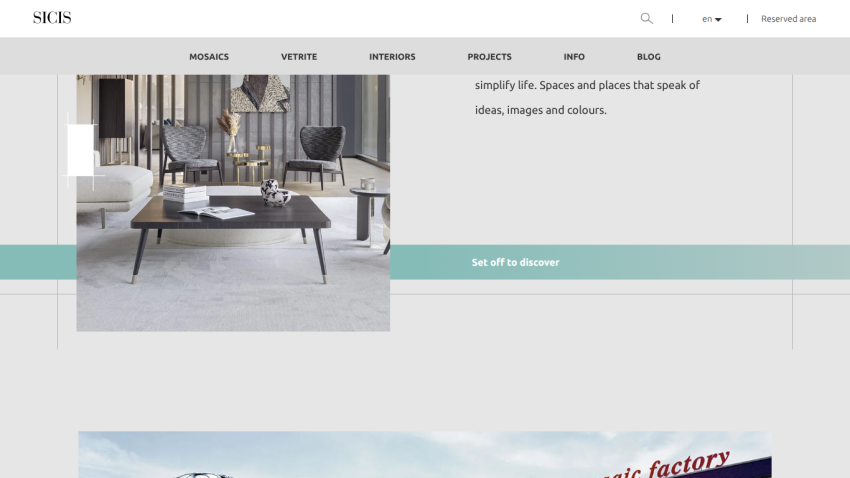 SICIS art mosaic factory homepage with floral mosaic sculptures and navigation menu