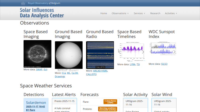 Royal Observatory of Belgium Solar Influences Data Analysis Center homepage showing observations and space weather services with images and data links